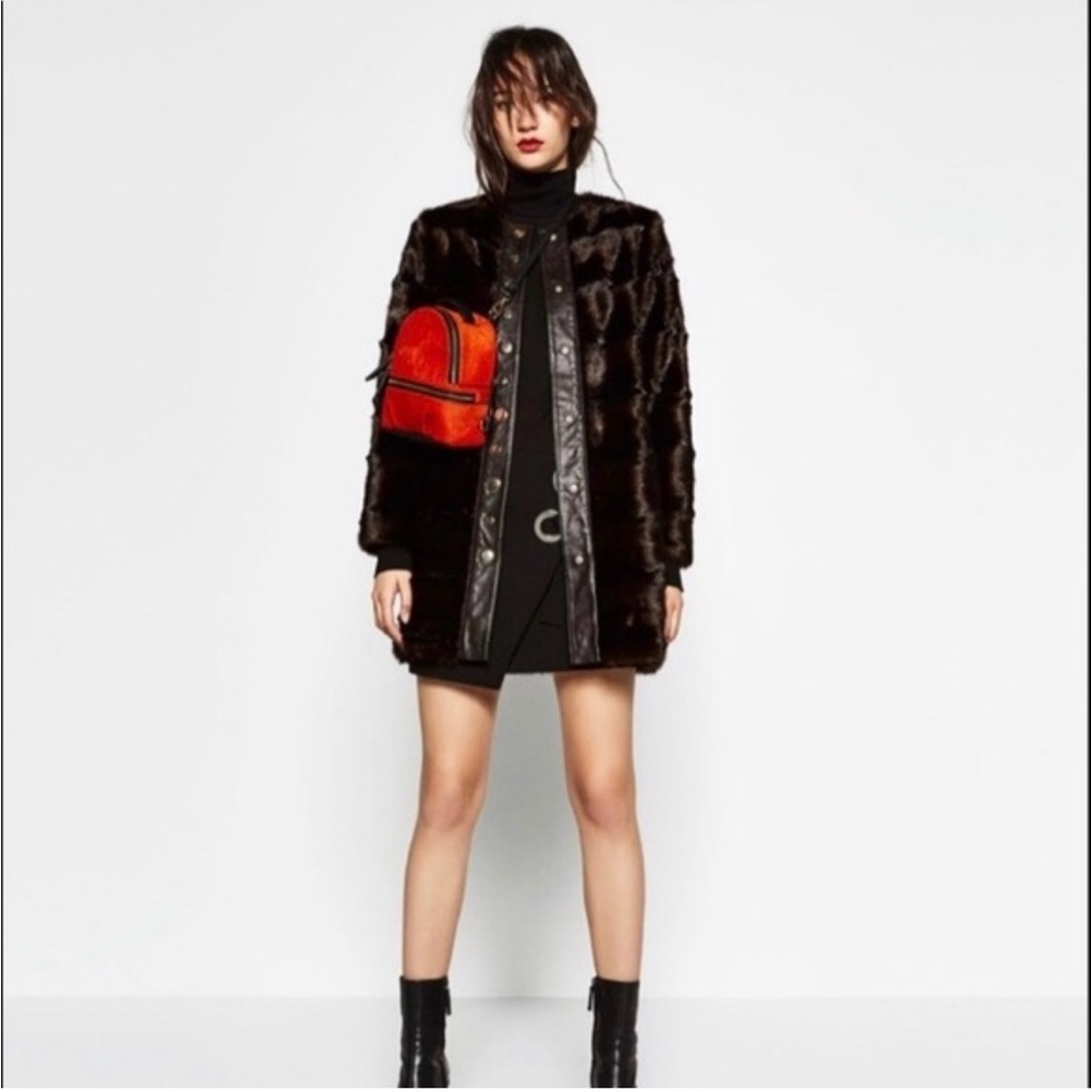 Zara Brown Black Faux Fur Shearling Coat Jacket NEW